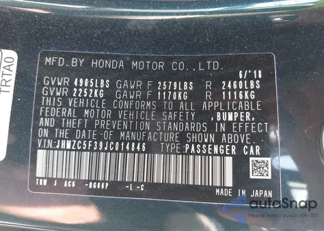 2018 Honda Clarity Plug-In Hybrid Touring z USA, uszkodzony, nr VIN JHMZC5F39JC014846